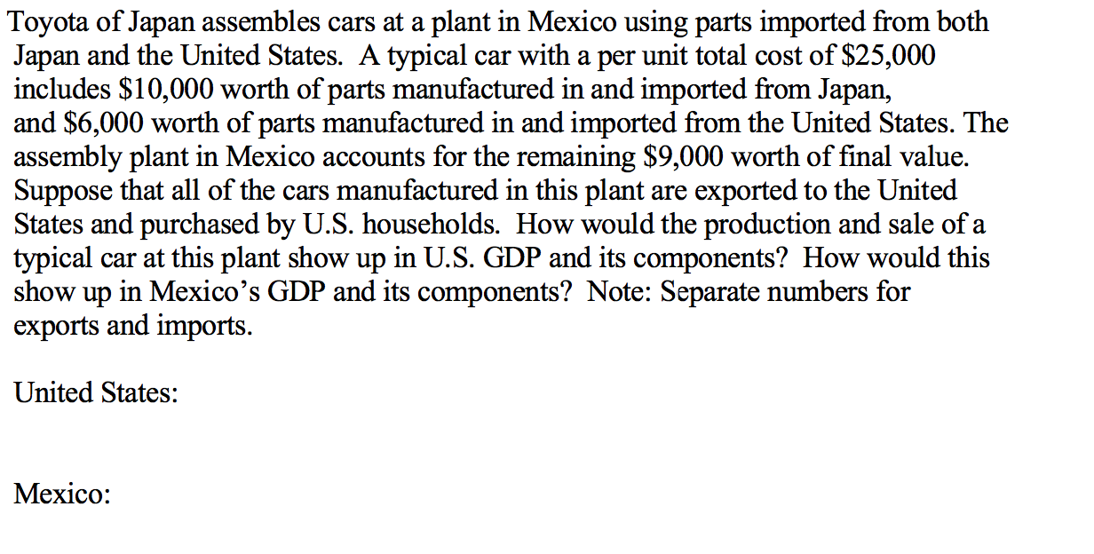 Toyota of Japan assembles cars at a plant in Mexico | Chegg.com