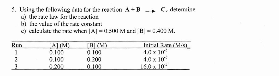 Solved 5. Using The Following Data For The Reaction A+B→C, | Chegg.com