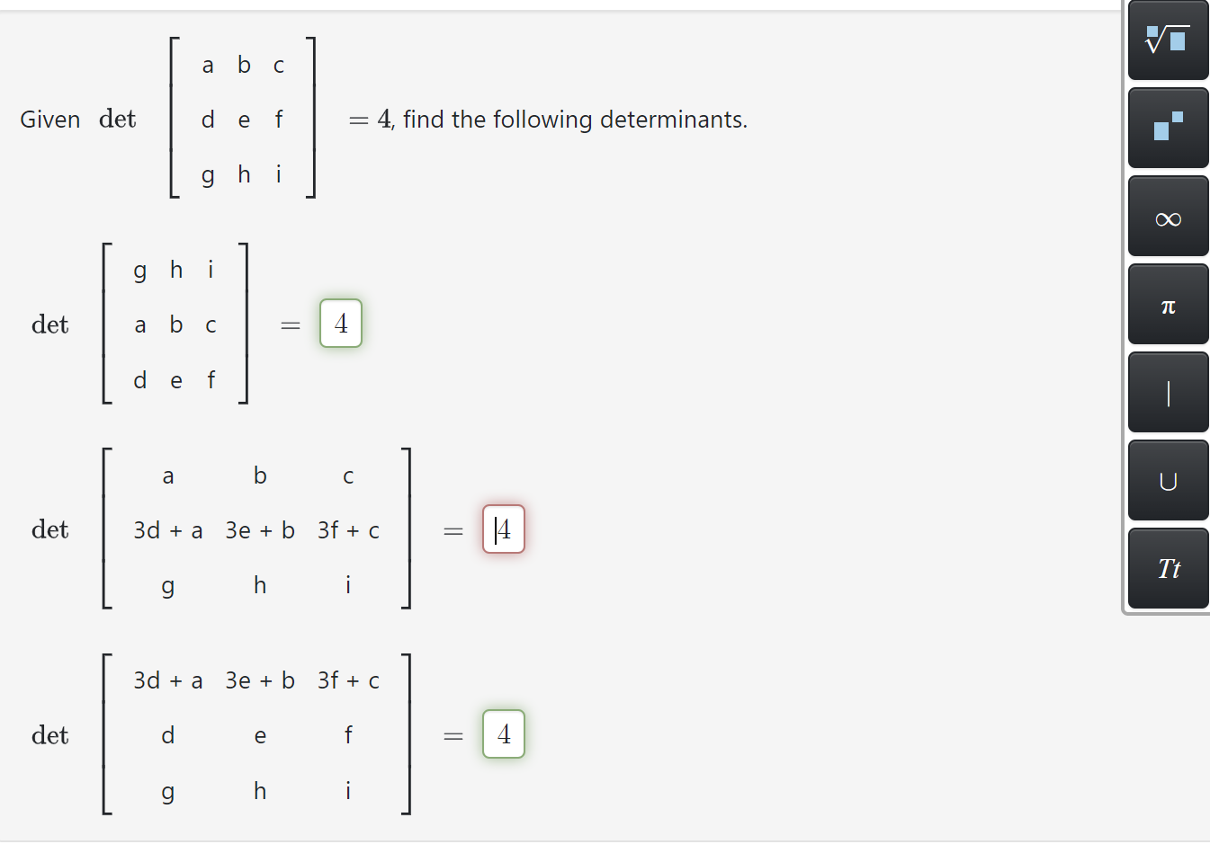 Solved Given det[abcefhi]ggd=4, ﻿find the following | Chegg.com