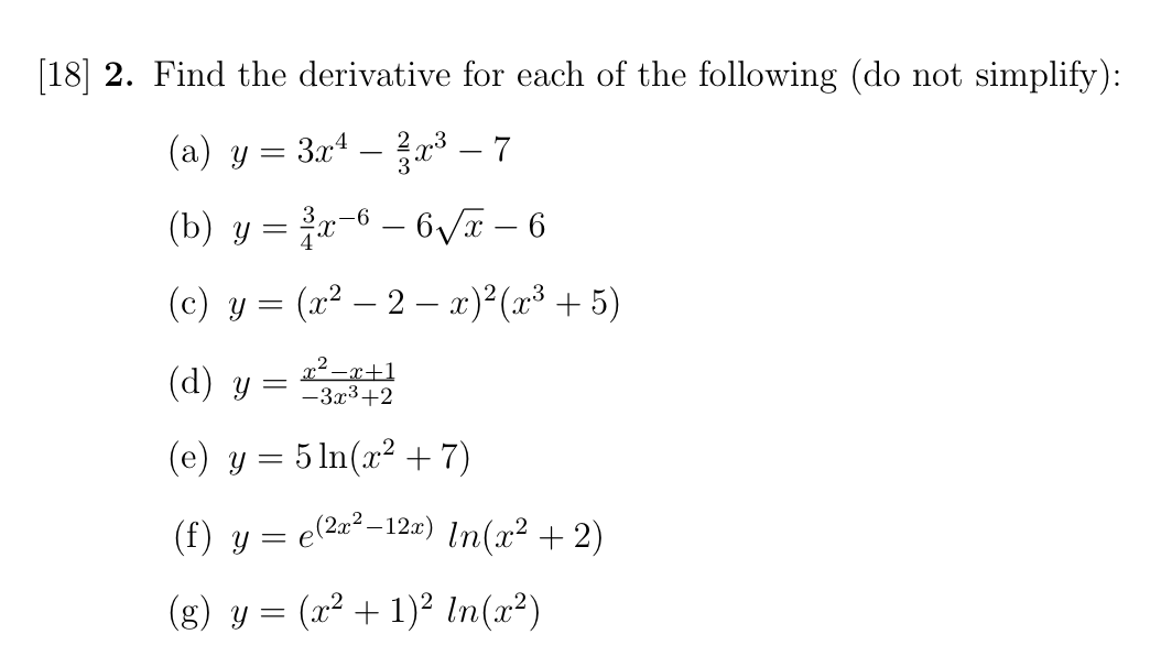 Solved [18] 2. Find The Derivative For Each Of The Following | Chegg.com