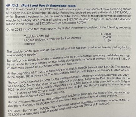 Solved AP 13 2 Part I and Part IV Refundable Taxes Burton