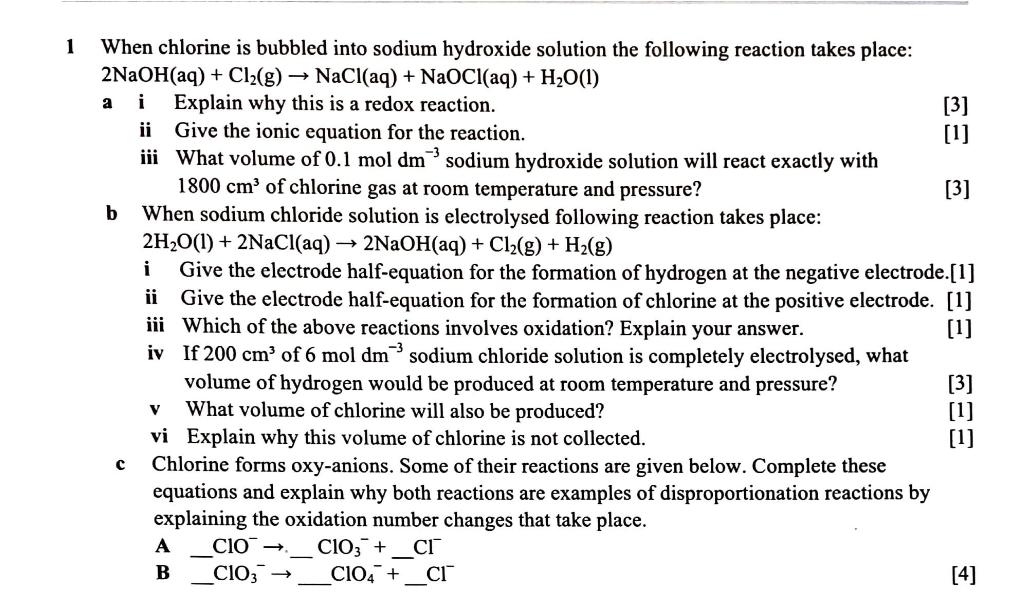 Solved 1 a When chlorine is bubbled into sodium hydroxide | Chegg.com