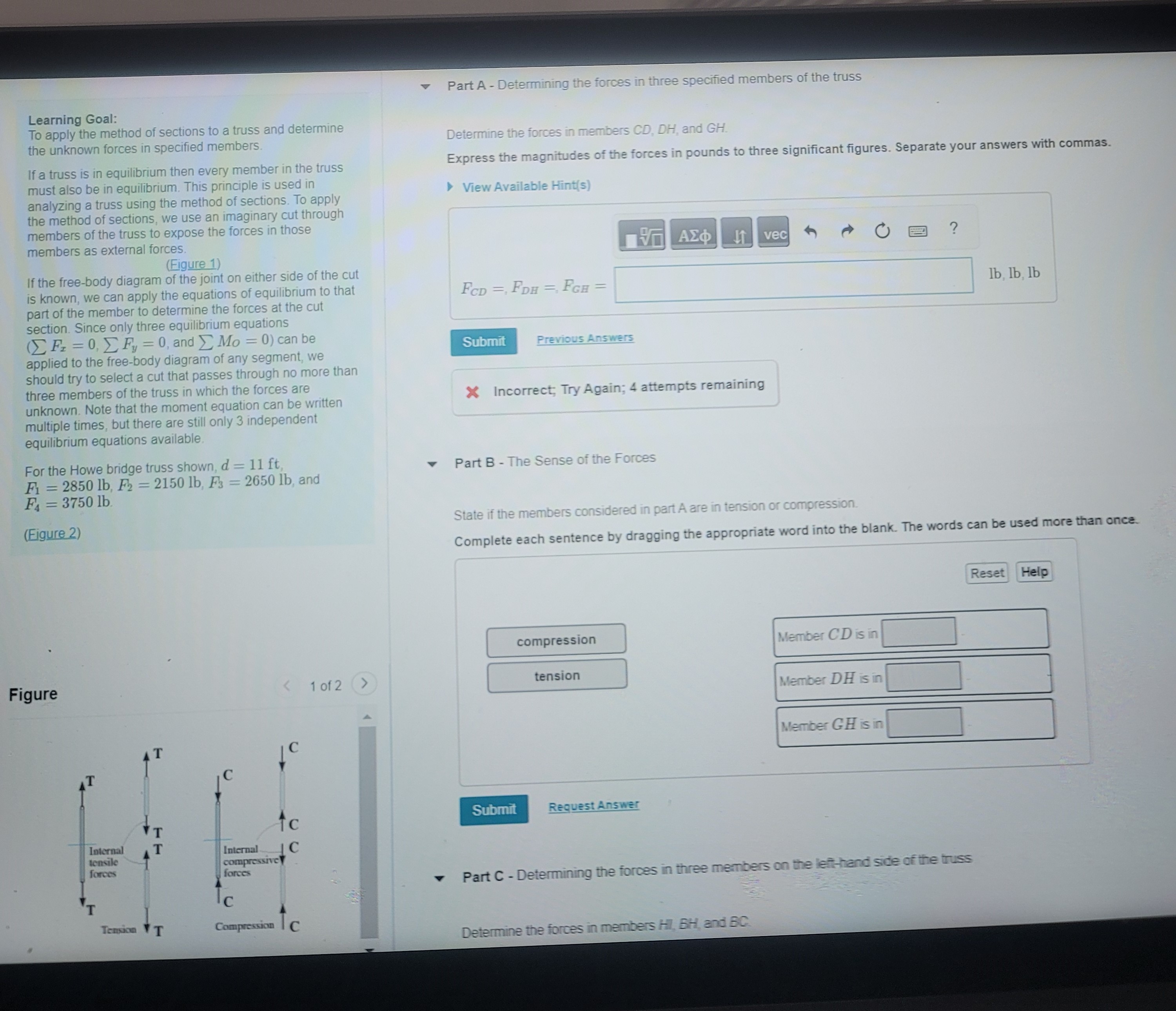 Solved Learning Goal: To apply the method of sections to a | Chegg.com