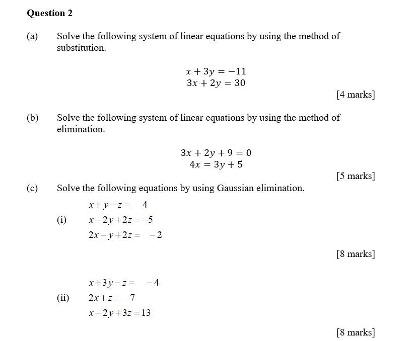 a) Solve the following system of linear equations by using the method of substitution.
\[
\begin{array}{l}
x+3 y=-11 \\
3 x+2
