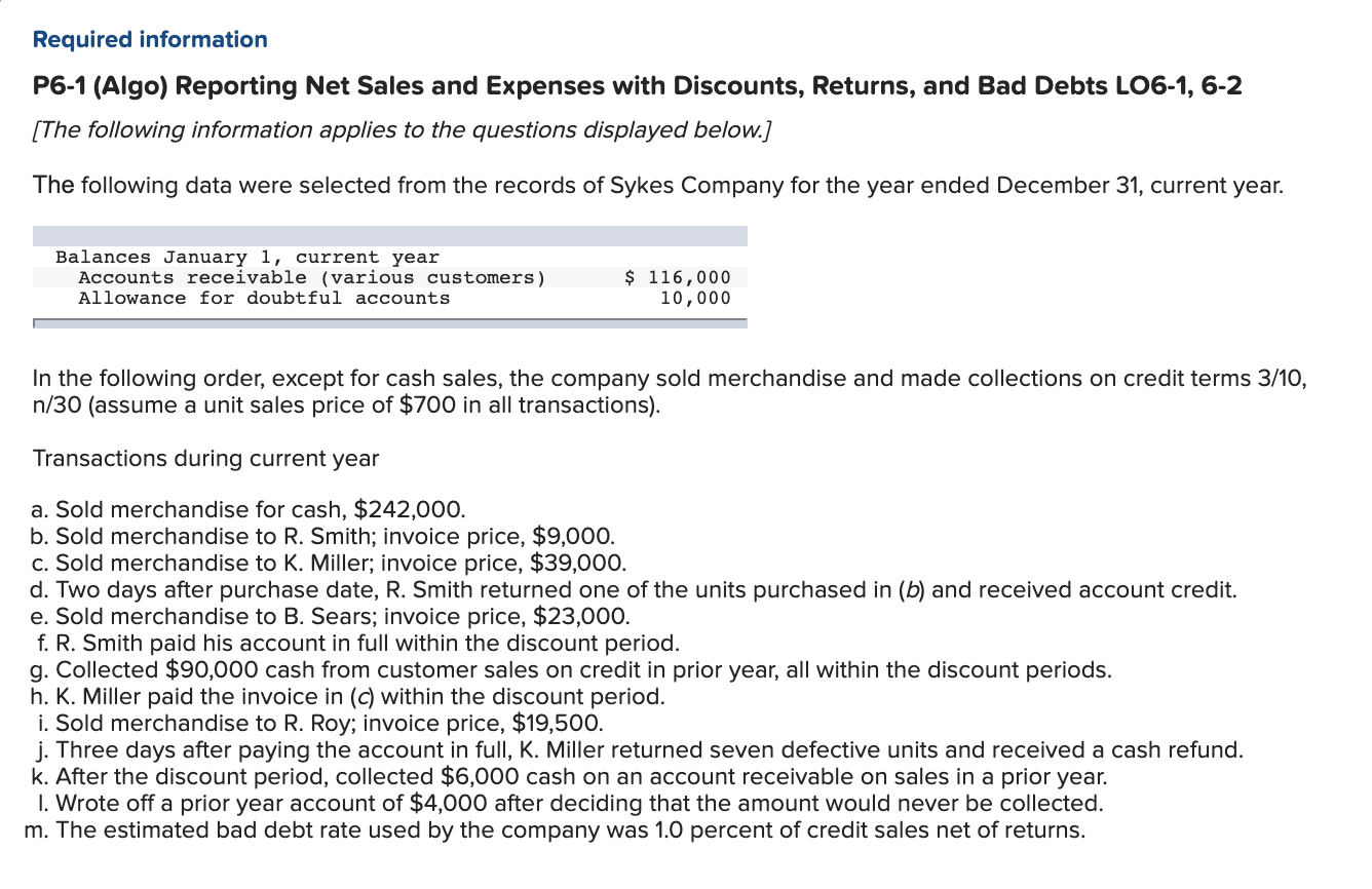 Solved Required Information P6-1 (Algo) Reporting Net Sales | Chegg.com