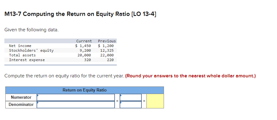 Solved M13-7 Computing the Return on Equity Ratio [LO 13-4] | Chegg.com
