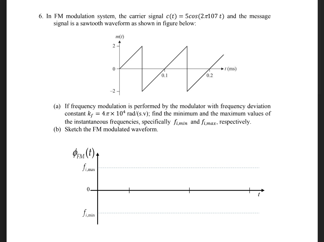Solved 6. In FM modulation system, the carrier signal c(t) = | Chegg.com