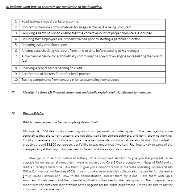 Solved II. Indicate what type of control/s are applicable to | Chegg.com