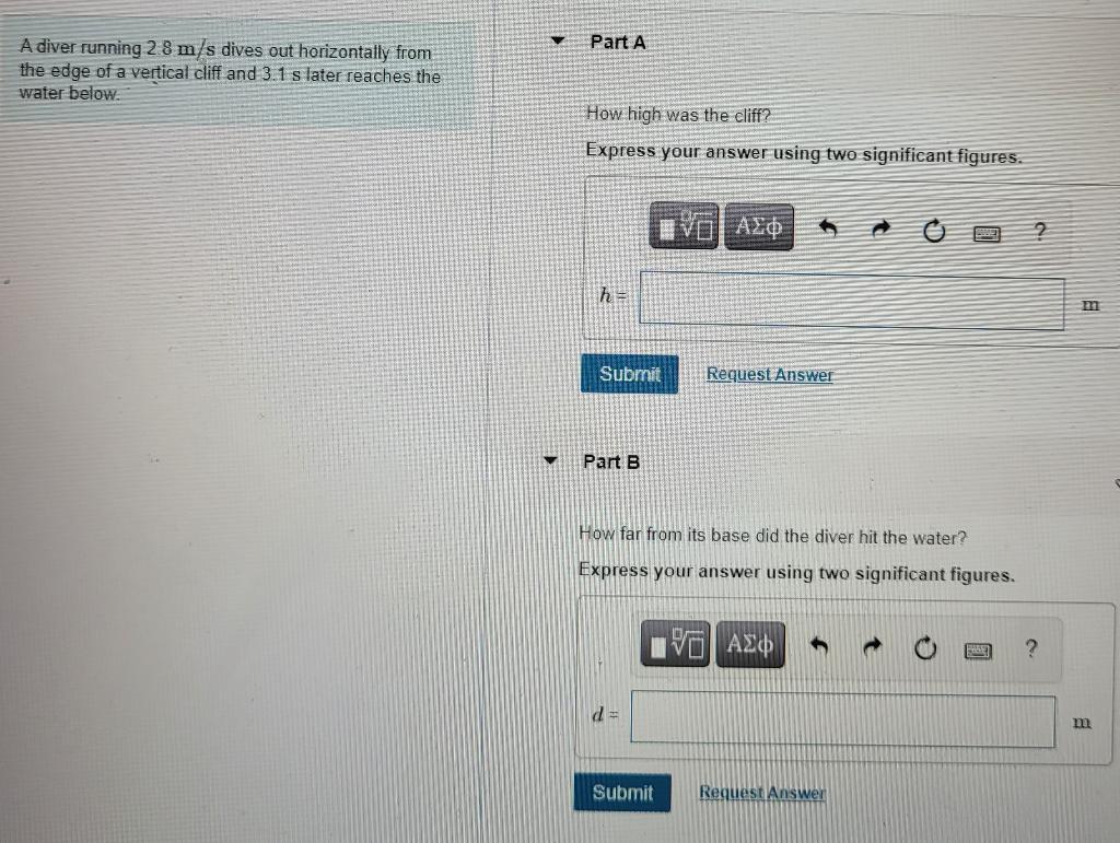 Solved Part A A diver running 2 8 m/s dives out horizontally | Chegg.com