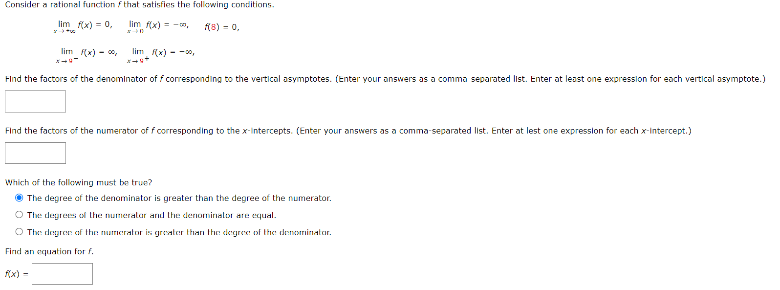 Solved Consider a rational function f that satisfies the | Chegg.com