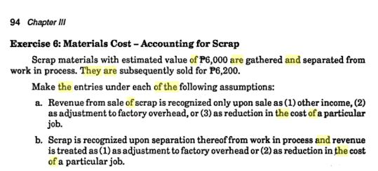 Solved 94 Chapter III Exercise 6: Materials Cost - | Chegg.com
