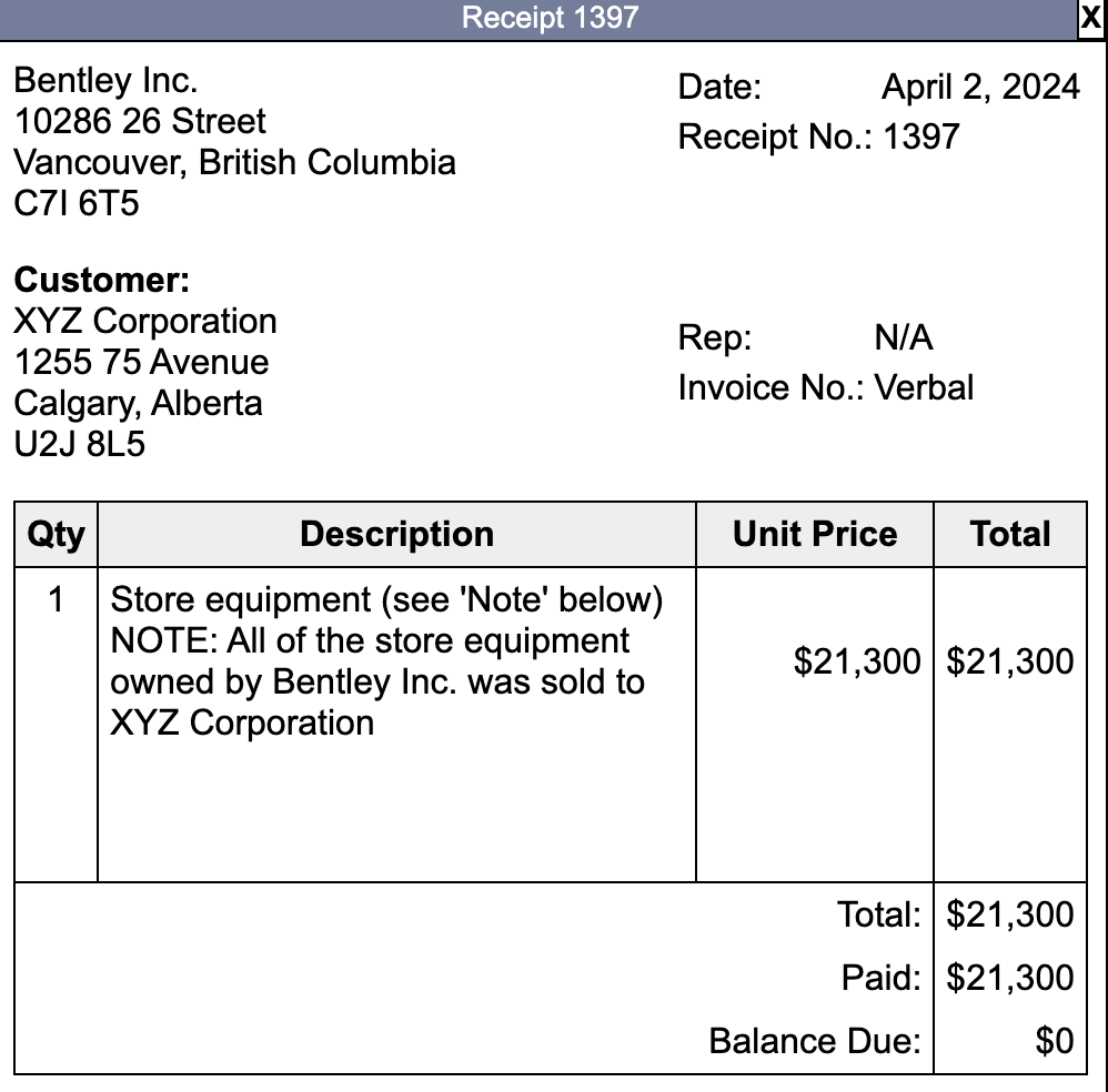 Receipt 1397 Bentley Inc 1028626 Street Vancouver