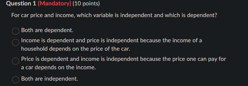 Solved For car price and income, which variable is | Chegg.com
