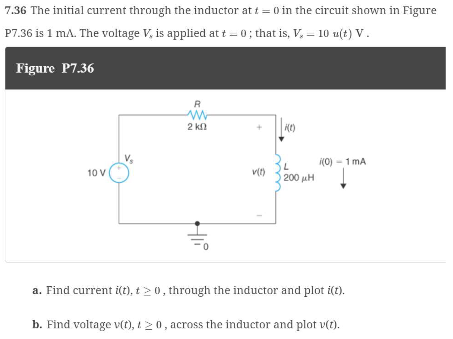 Solved 7.36 The Initial Current Through The Inductor At T=0 | Chegg.com