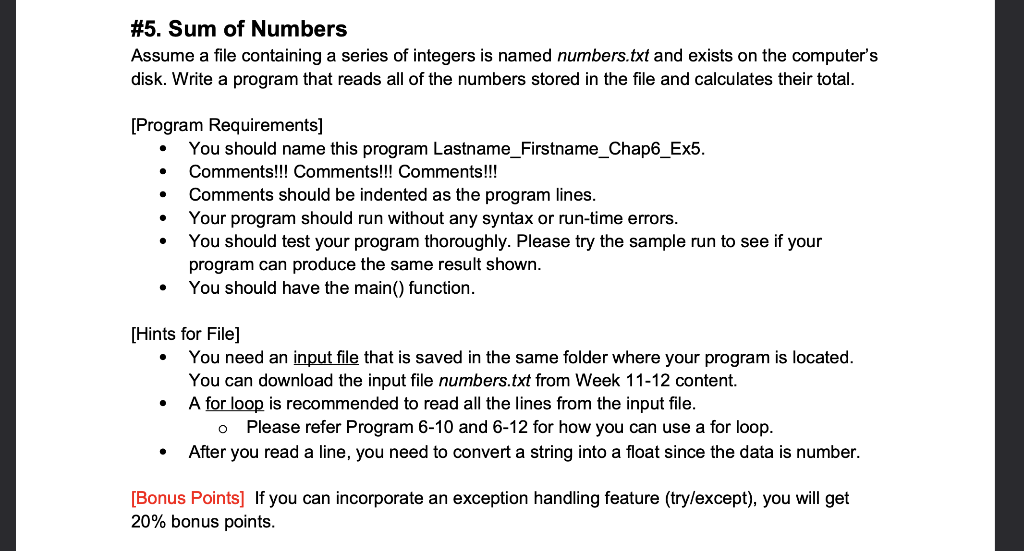 Solved 5 Sum Of Numbers Assume A File Containing A Series 3314