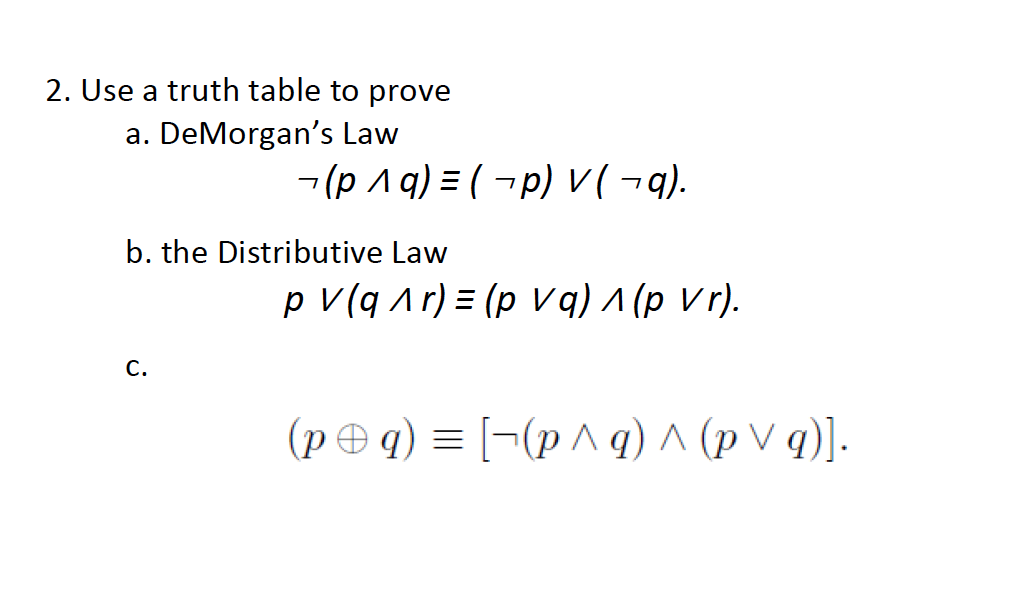 Solved 2. Use a truth table to prove a. DeMorgan's Law - | Chegg.com