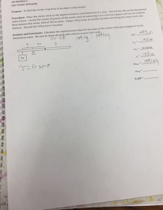 Solved AP PHYSICs 1 Lab: Center of Gravity Purpose: To find | Chegg.com