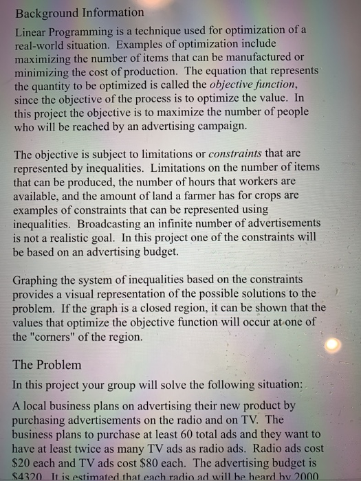 Solved Background Information Linear Programming is a | Chegg.com