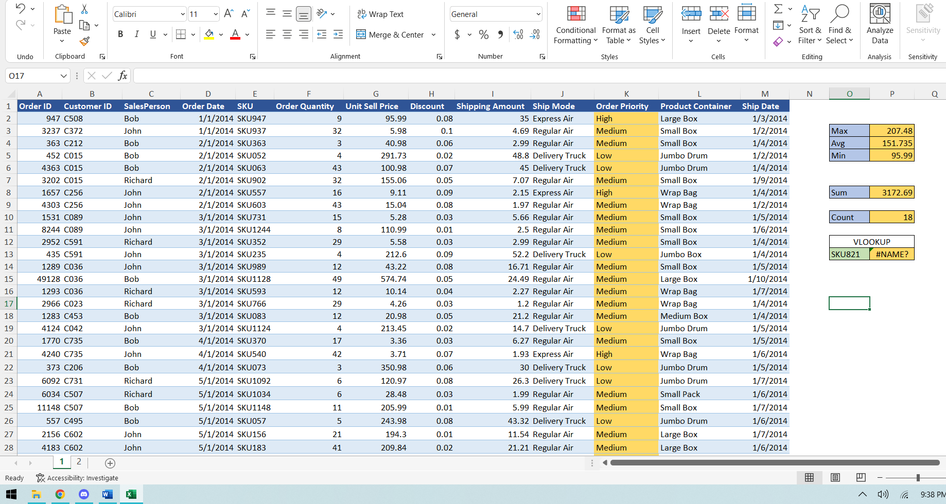 Solved Using Excel, find the Ship mode of SKU821 using | Chegg.com