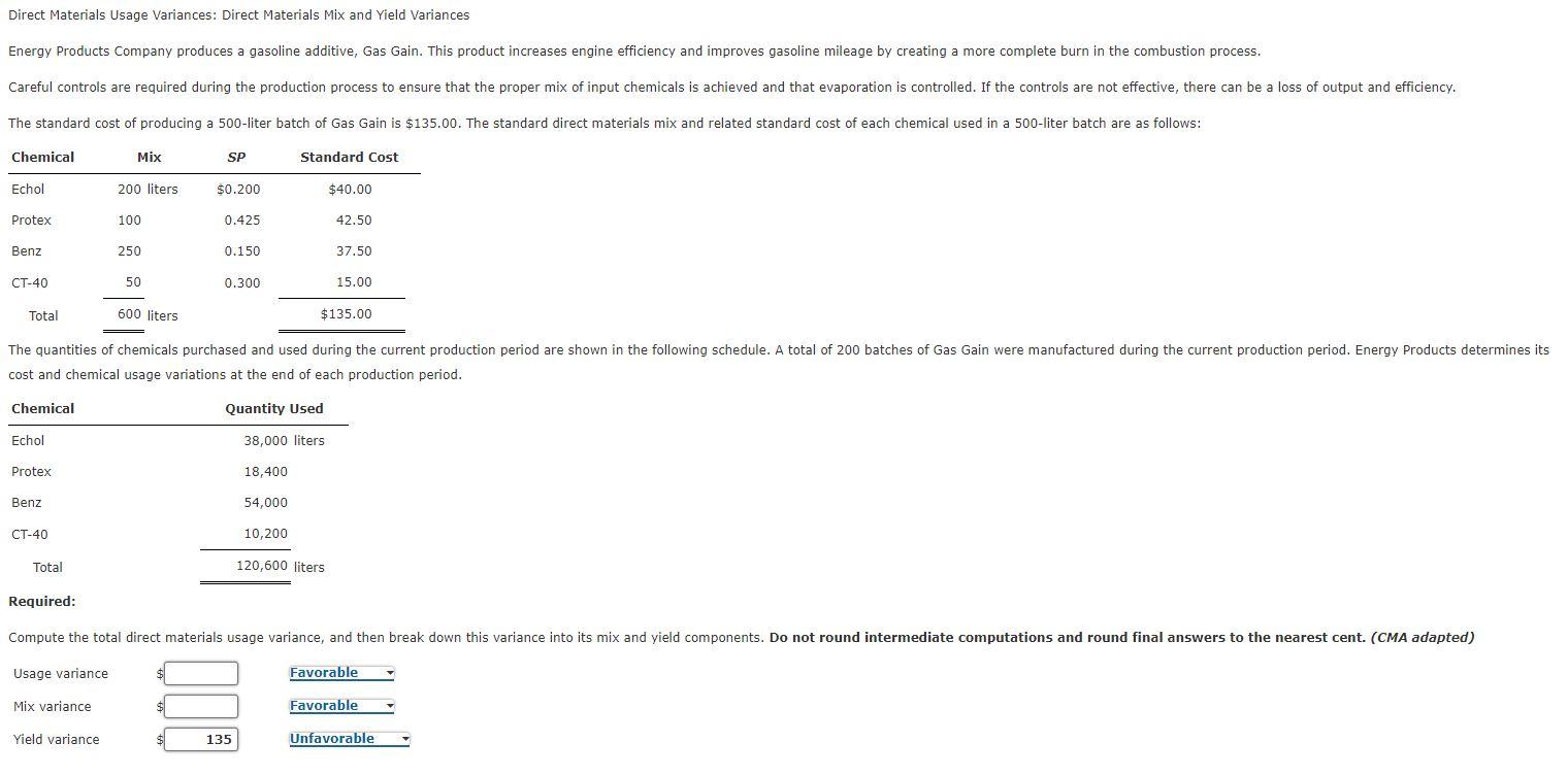 Solved Direct Materials Usage Variances Direct Materials