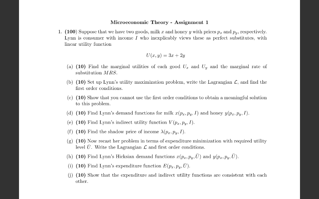 Solved Microeconomic Theory - Assignment 1 1. (100) Suppose | Chegg.com