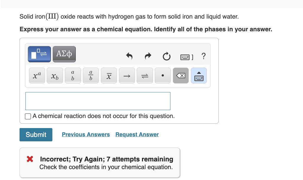 Solved Solid iron(III) oxide reacts with hydrogen gas to