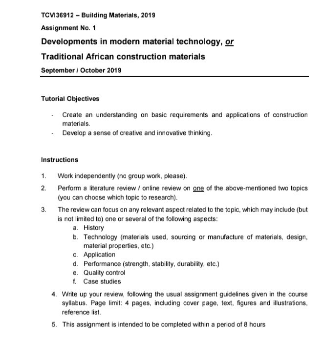 TCVI36912 Building Materials, 2019 Assignment No. 1