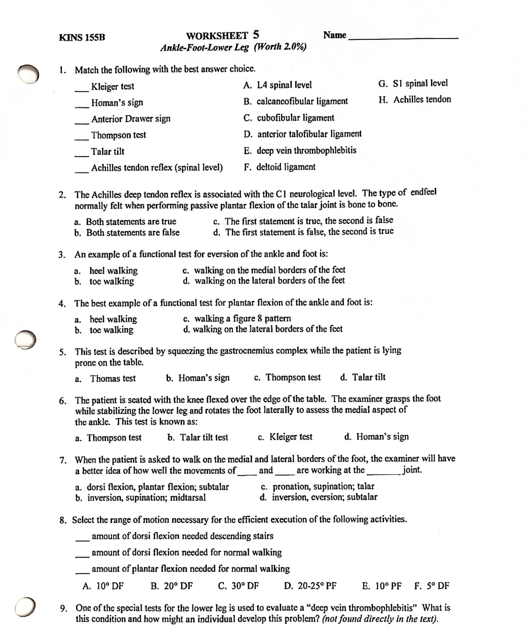 Solved KINS 155BWORKSHEET 5NamAnkle-Foot-Lower Leg (Worth | Chegg.com