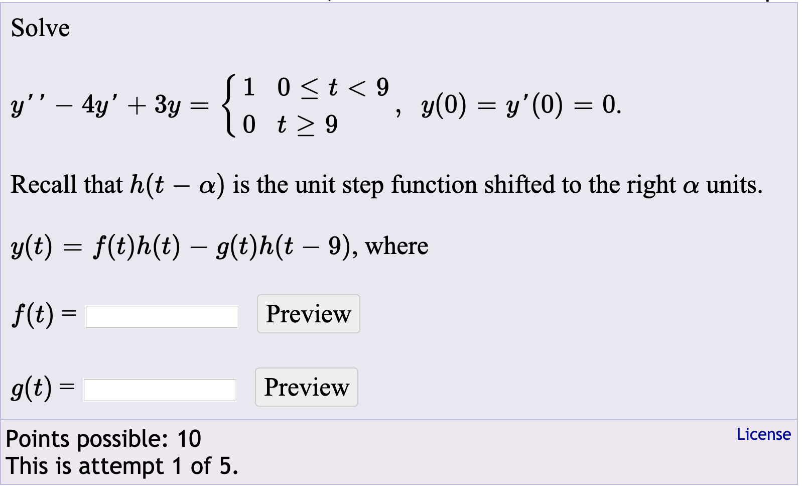 Solved Solve ſ1 0 9 °, y(0) = y’(0) = 0. Recall that h(t – | Chegg.com