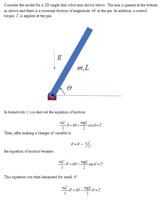 Consider the model for a 2D single link robot arm | Chegg.com