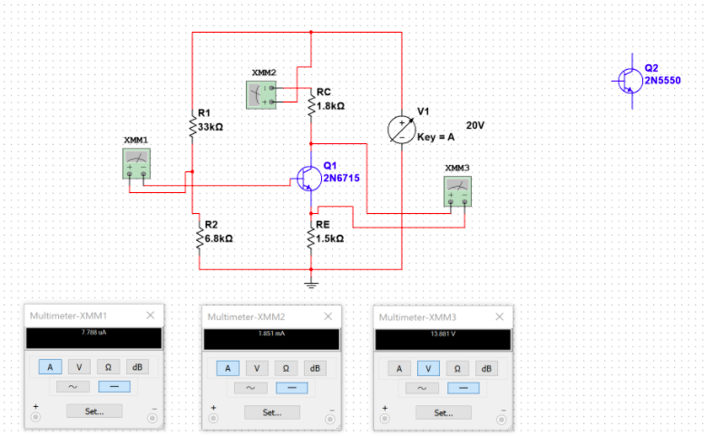 Solved XMM2 Q2 2N5550 RC 1.8ΚΩ V1 R1 33ko Okey=A 20V XMM1 Q1 | Chegg.com