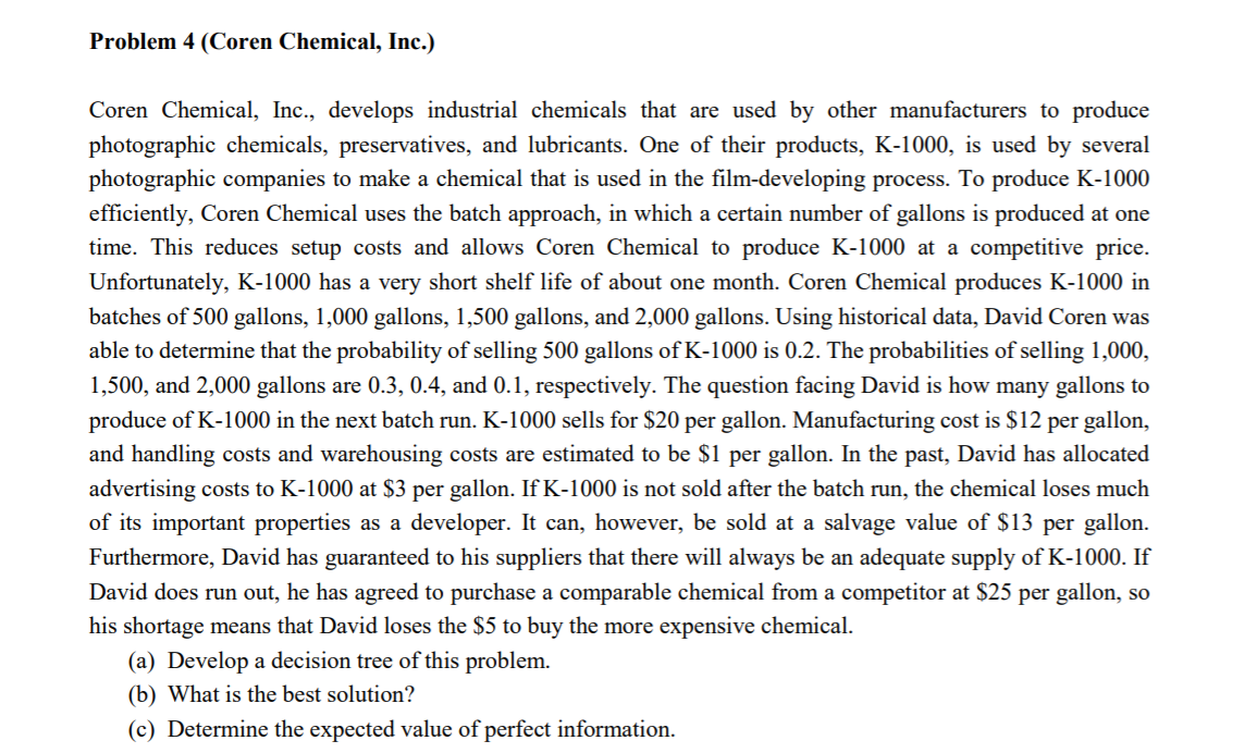 Solved Problem 4 (Coren Chemical, Inc.) Coren Chemical,