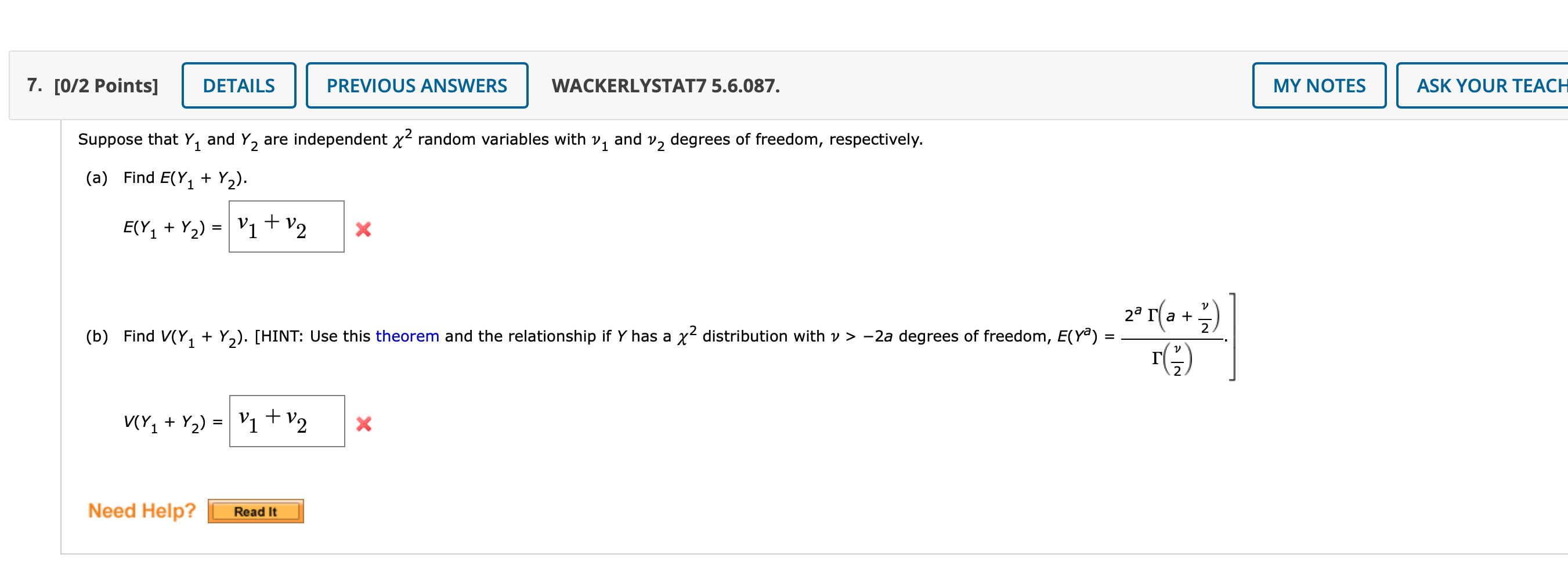 Solved WACKERLYSTAT7 5.6.087. Suppose that Y1 and Y2 are | Chegg.com