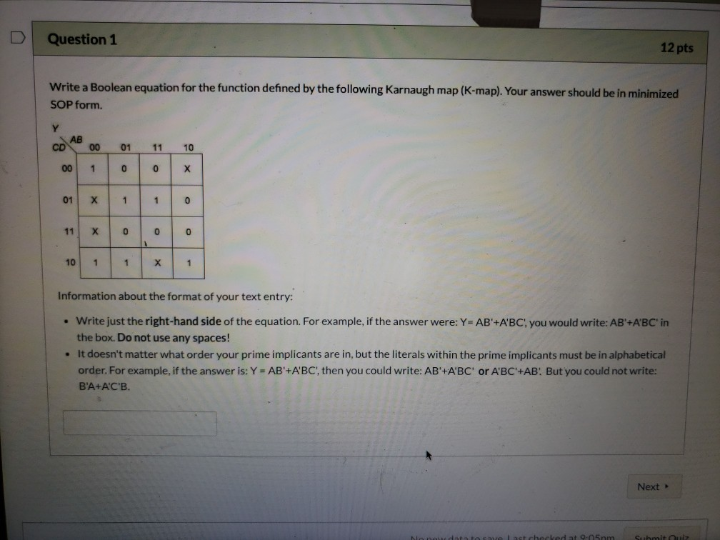 Solved D Question 1 12 pts Write a Boolean equation for the | Chegg.com