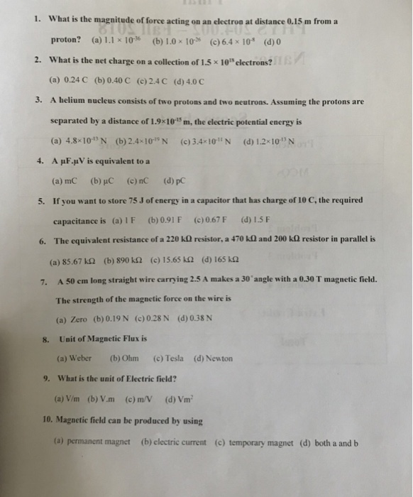 Solved 1. What is the magnitude of force acting on an | Chegg.com