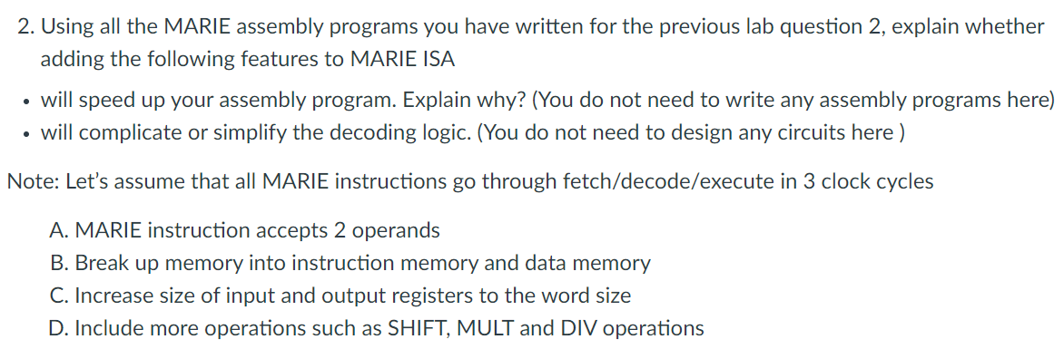 Solved 2. Using all the MARIE assembly programs you have | Chegg.com