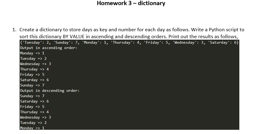 Solved 1. Create a dictionary to store days as key and | Chegg.com