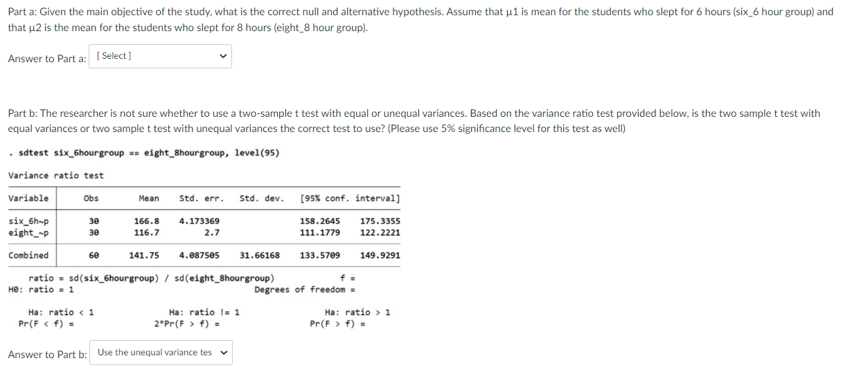 Solved Question 2: Sleep Study Using the Variance Ratio | Chegg.com