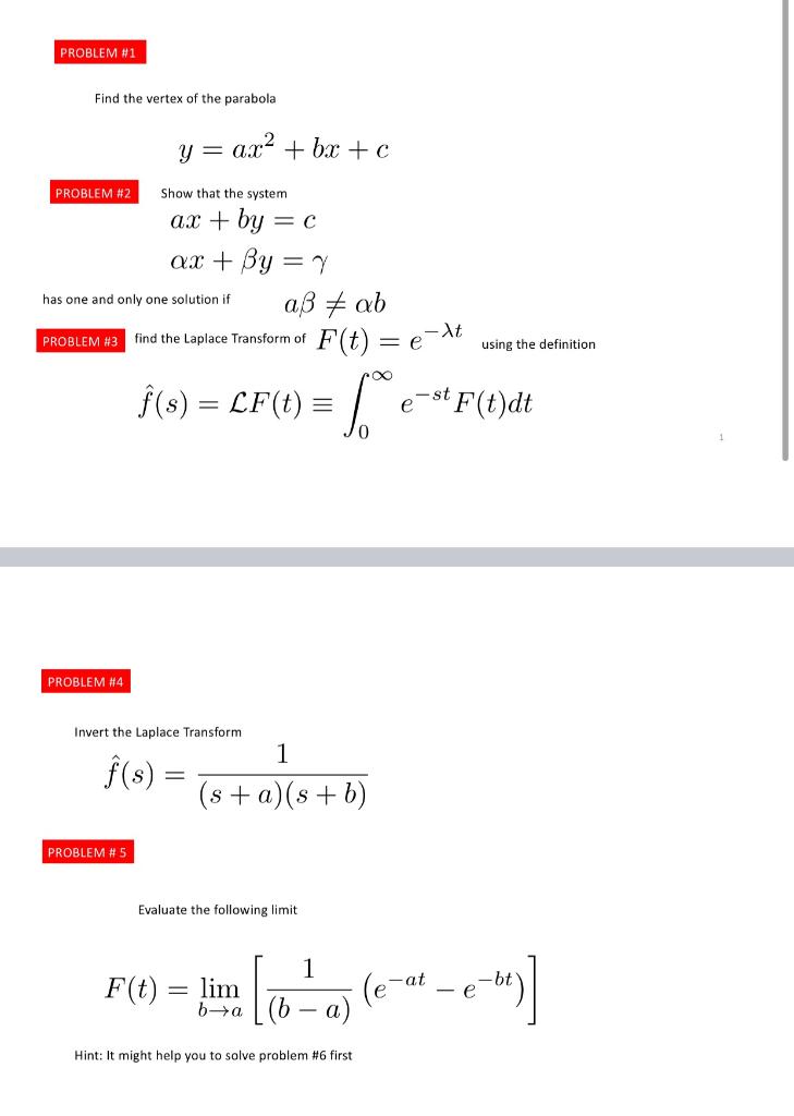 Solved Problem 1 Find The Vertex Of The Parabola Y Ax Chegg Com