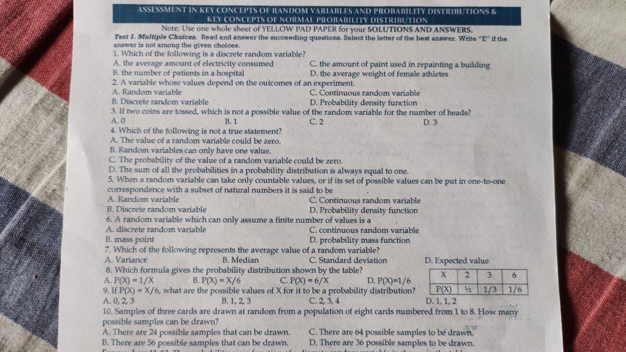 Solved ASSESSMENT IN KEY CONCEPTS OF RANDOM VARIABLES AND | Chegg.com