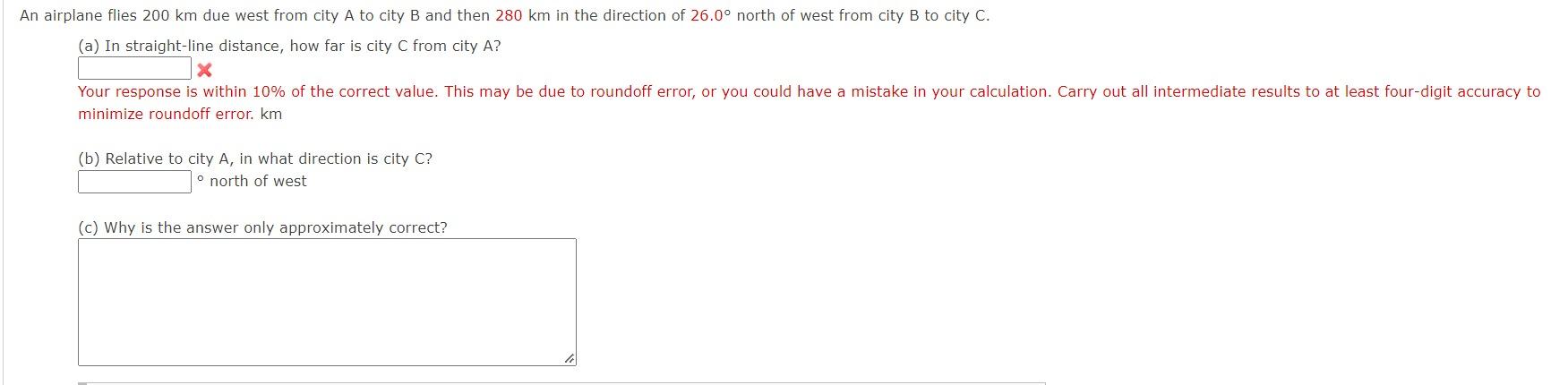 Solved An Airplane Flies 200 Km Due West From City A To City | Chegg.com