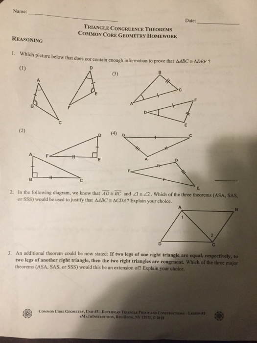 congruence reasoning about triangles common core geometry homework answers