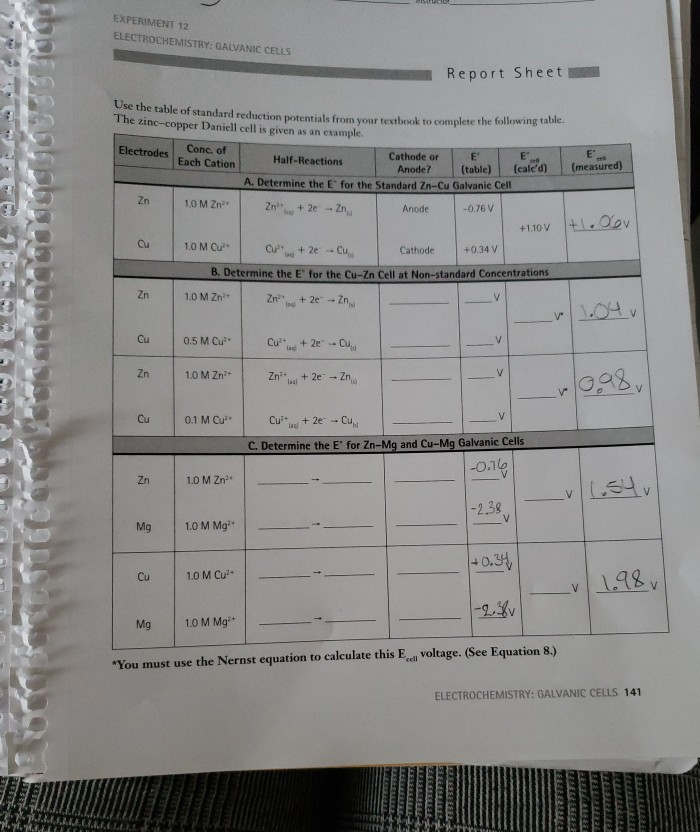 Solved EXPERIMENT 12 ELECTROCHEMISTRY GALVANIC CELLS Rep...