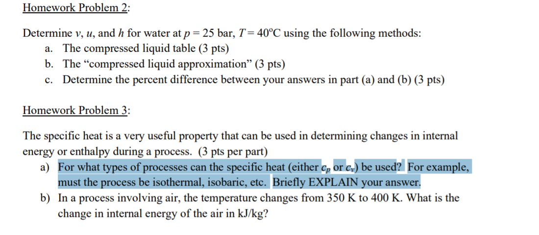 Solved Homework Problem 2 Determine V U And H For Wate Chegg Com