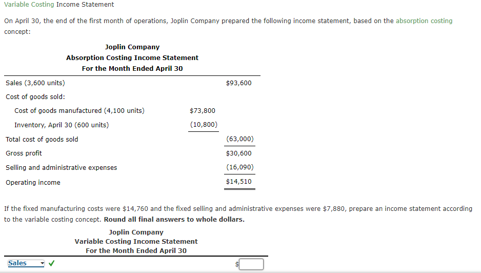 Solved Variable Costing Income Statement On April 30 The 8021