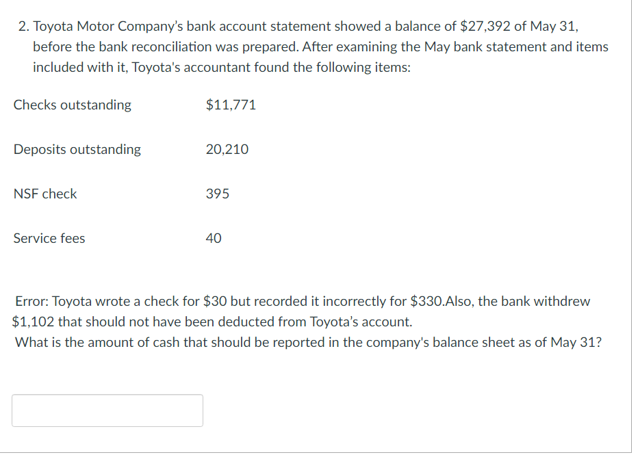 Solved 2. Toyota Motor Company's bank account statement | Chegg.com