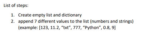 Solved List of steps: 1. Create empty list and dictionary 2. | Chegg.com