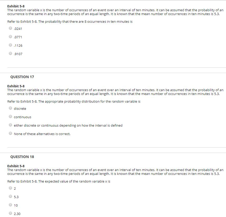 Solved Exhibit 5-8 The random variable x is the number of | Chegg.com