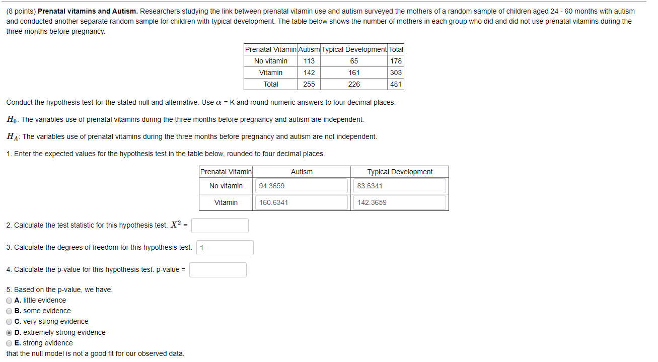 Solved (8 points) Prenatal vitamins and Autism. Researchers