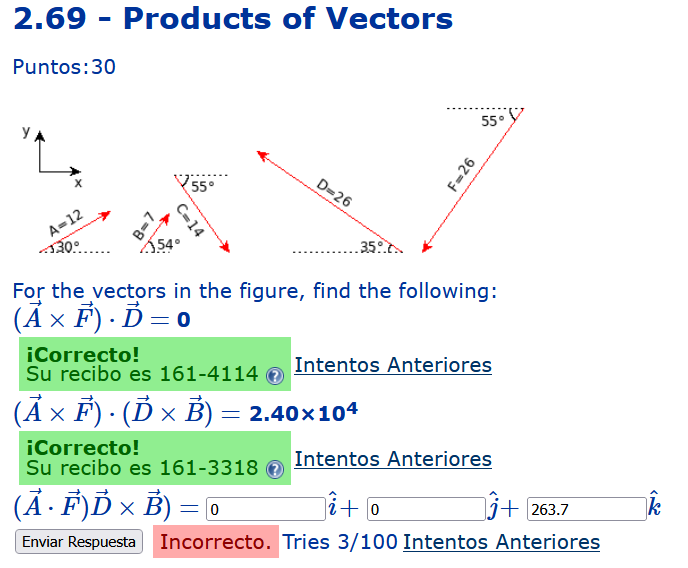 2.69 - Products of Vectors Puntos: 30 For the vectors in the figure, find the following: \[ (\vec{A} \times \vec{F}) \cdot \v